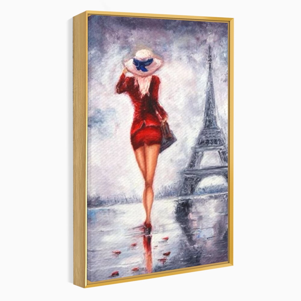 Tablou canvas cu pictura cu femeie in rochie rosie, in rama de aluminiu auriu